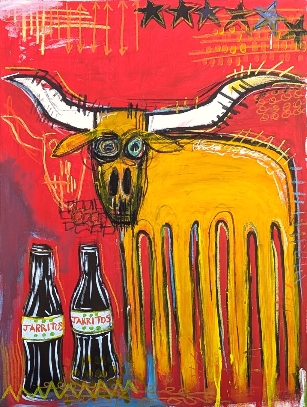 Contemporary Colorful Red Toned Abstract Longhorn and Jarritos Painting by Ramon Severino