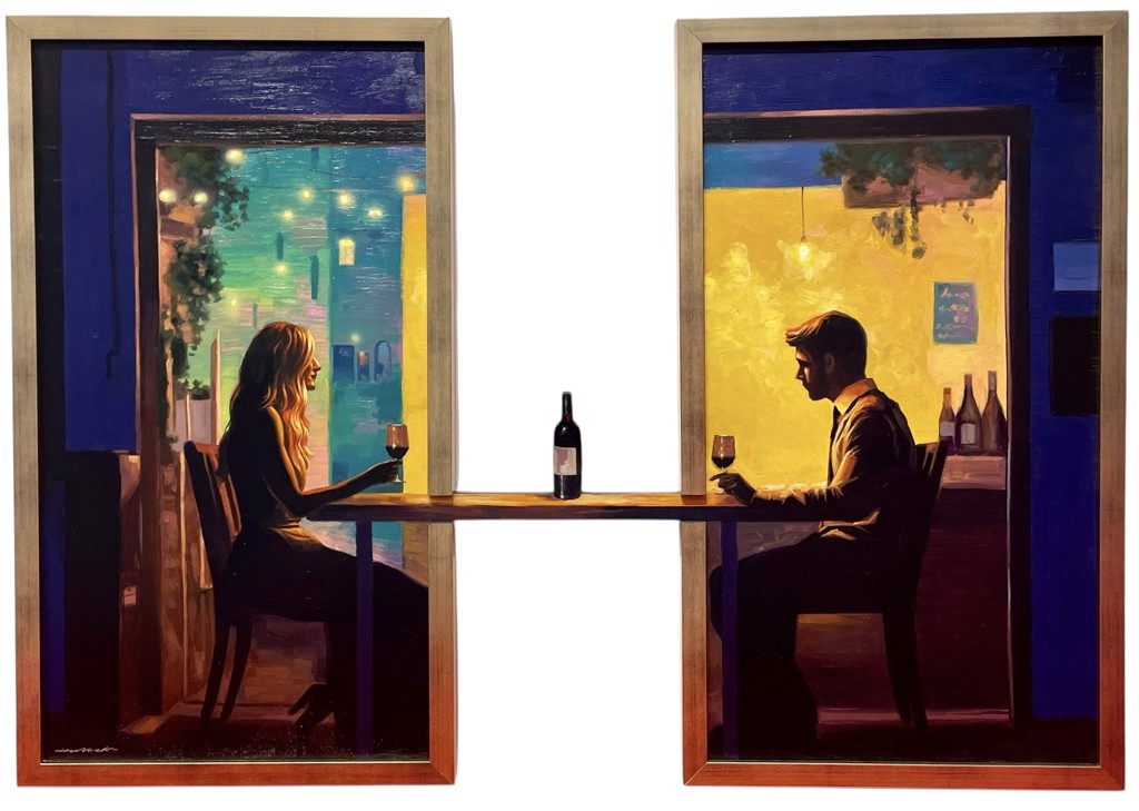Hijack Blind Date: a woman and man sit in separate framed interiors, joined by a table spanning the gap with a wine bottle at its center.