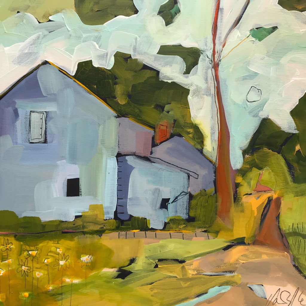 Blue House with Daisies by Rachael Van Dyke