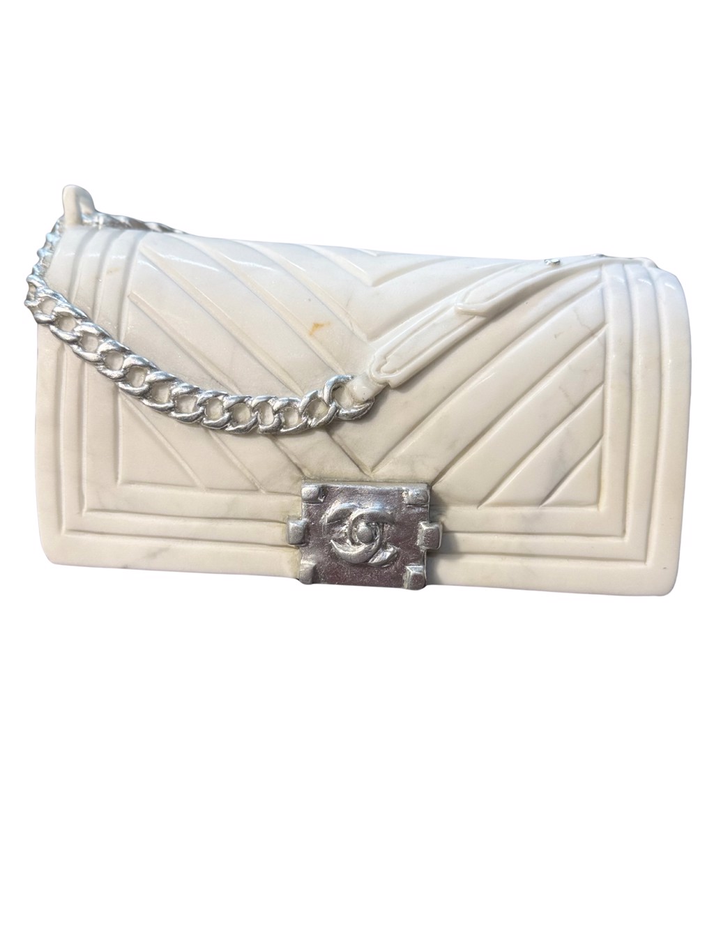 Ayden Snider Silver Chanel Boy Bag: pale marble handbag sculpture with diagonal quilted grooves, silver-toned chain, and matching rectangular clasp.