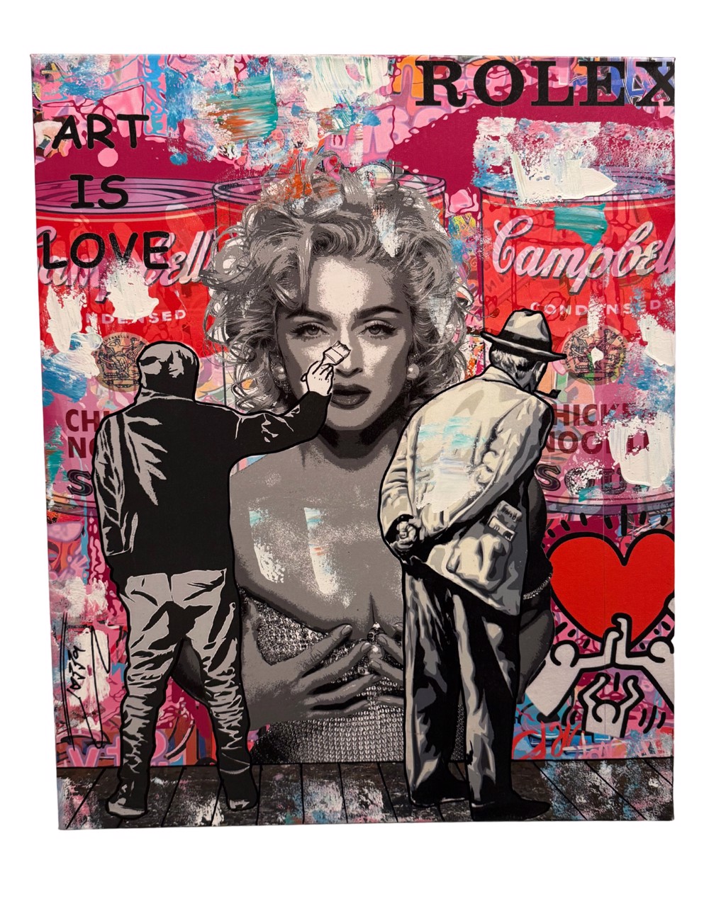 Jozza, Art is Love: monochrome woman in a jacket against colorful lettering, advertising motifs, and a red heart.
