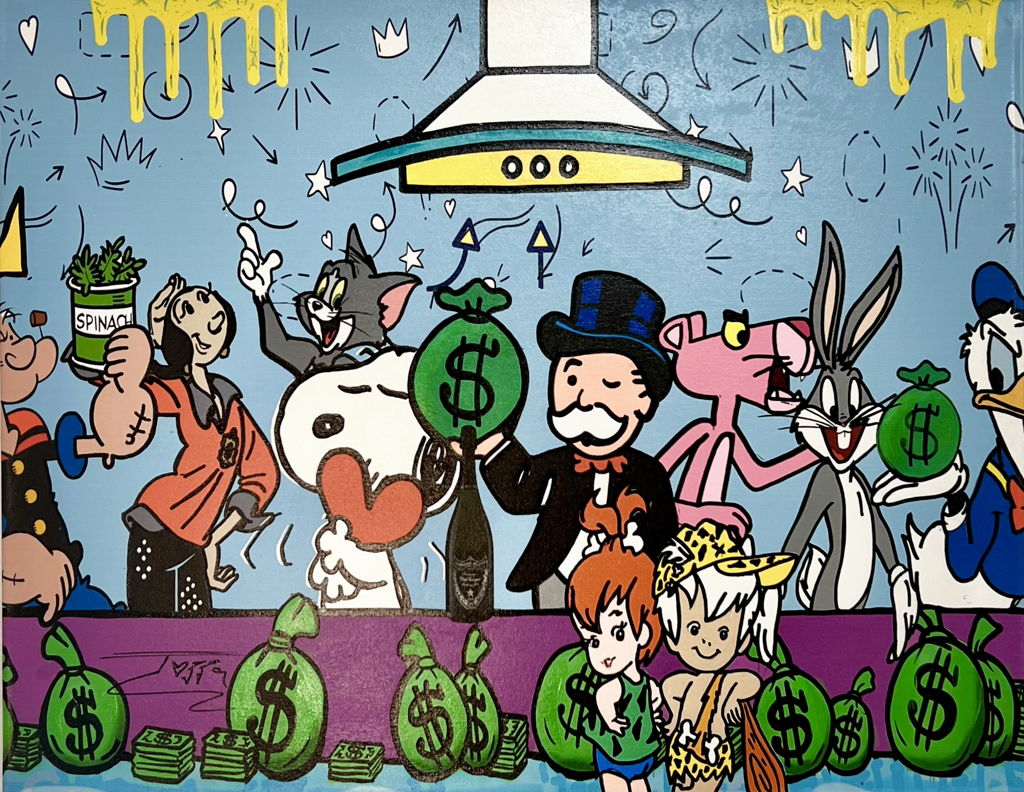Jozza, The Last Penny: cartoon characters behind a purple counter lined with green money bags beneath a large overhead hood.