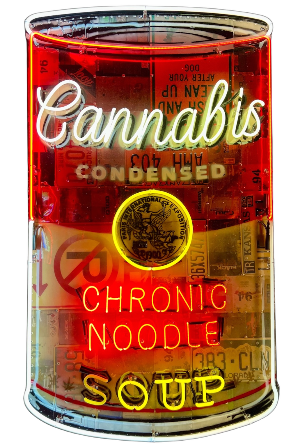 RISK Soup Can II: a red-and-gold soup-can shape with glowing neon lettering reading Cannabis and Chronic Noodle Soup.