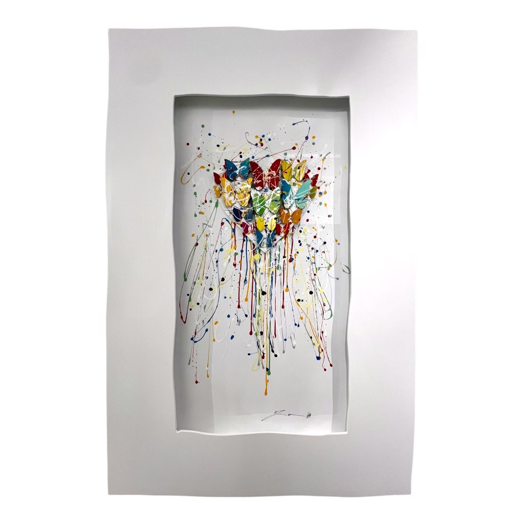 Oz El Hai Fantasy Art: cluster of colorful butterflies above long multicolored paint drips on white.