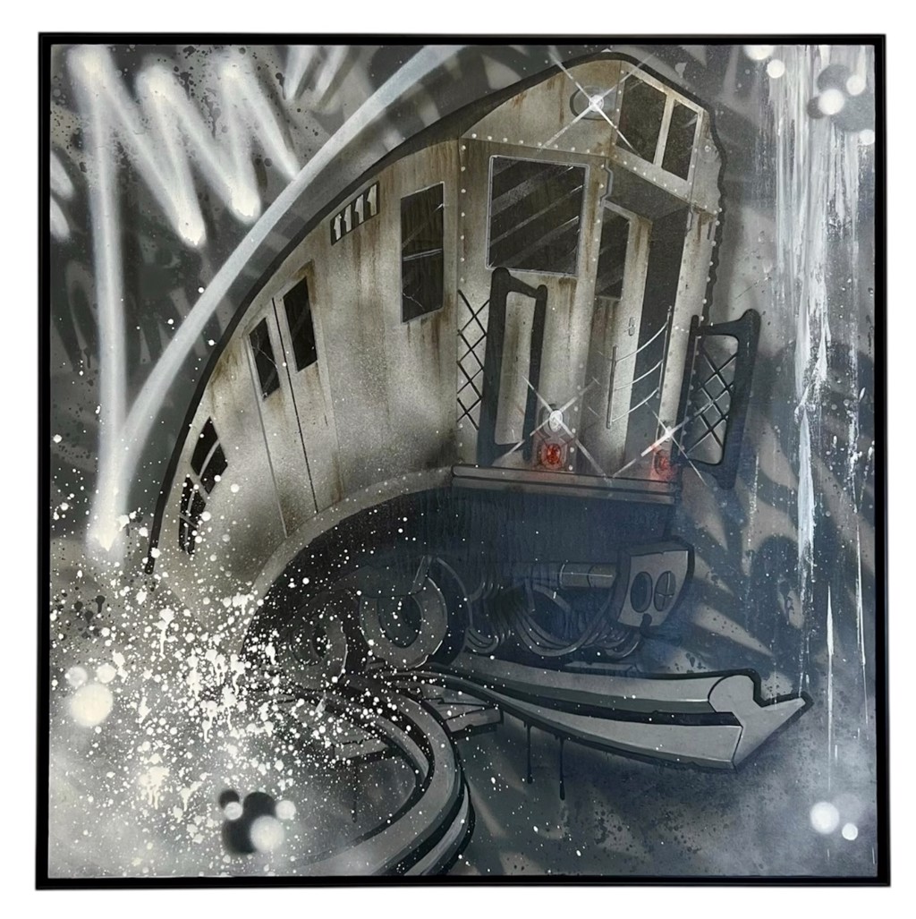 Orus Subway Series NYC Limited Edition 11:11 1/1 Silver: curving silver subway car with white graffiti, splashes, and twisting rails.