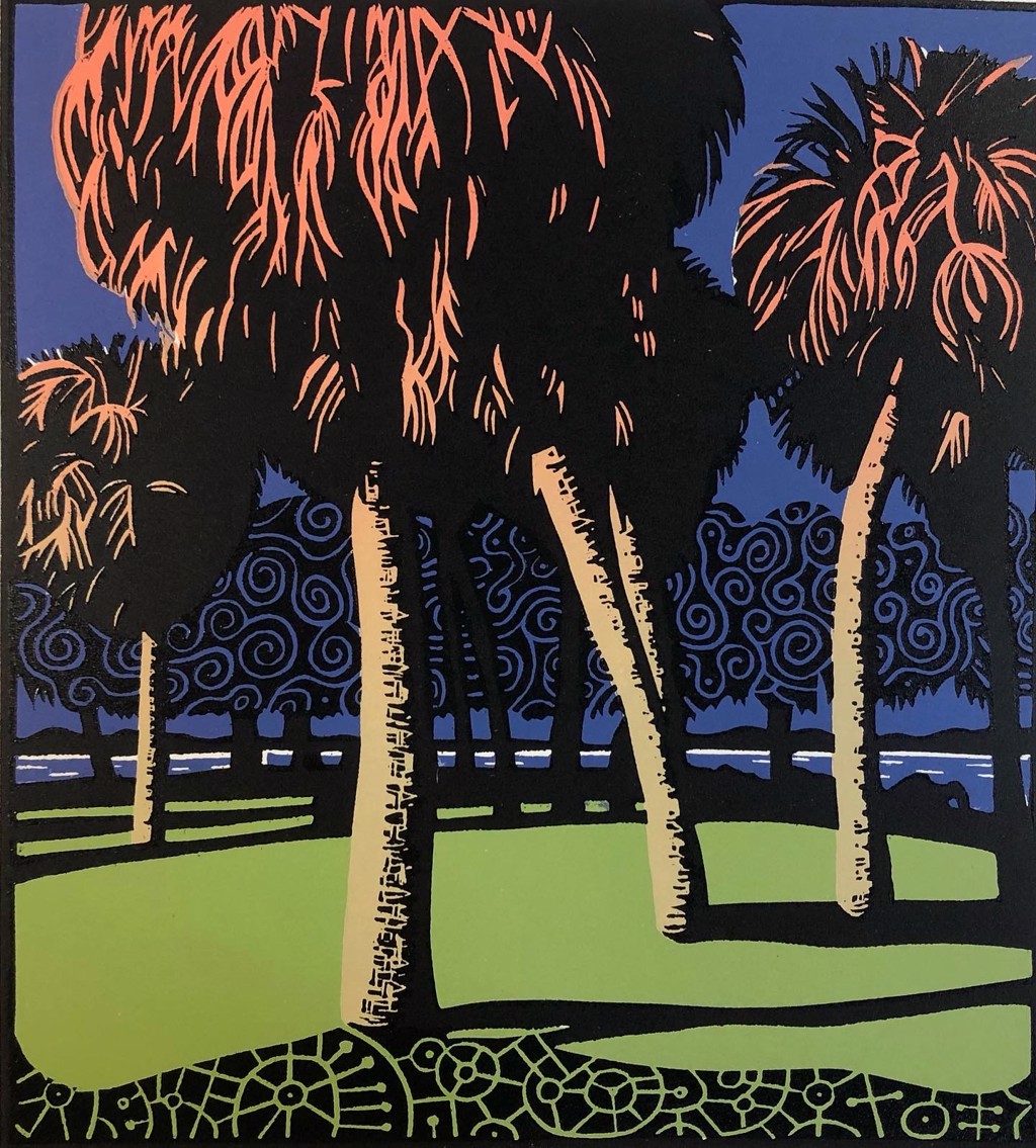 A group of palm trees with red accents contrasts against the darkness of their fronds. Below the palms is a green lawn, and behind them a deep, cobalt blue sky. Black silhouettes of background palm trees are broken up by whimsical swirls. A black shadow at the bottom of the composition is broken up by lines that resemble petroglyph symbols. 