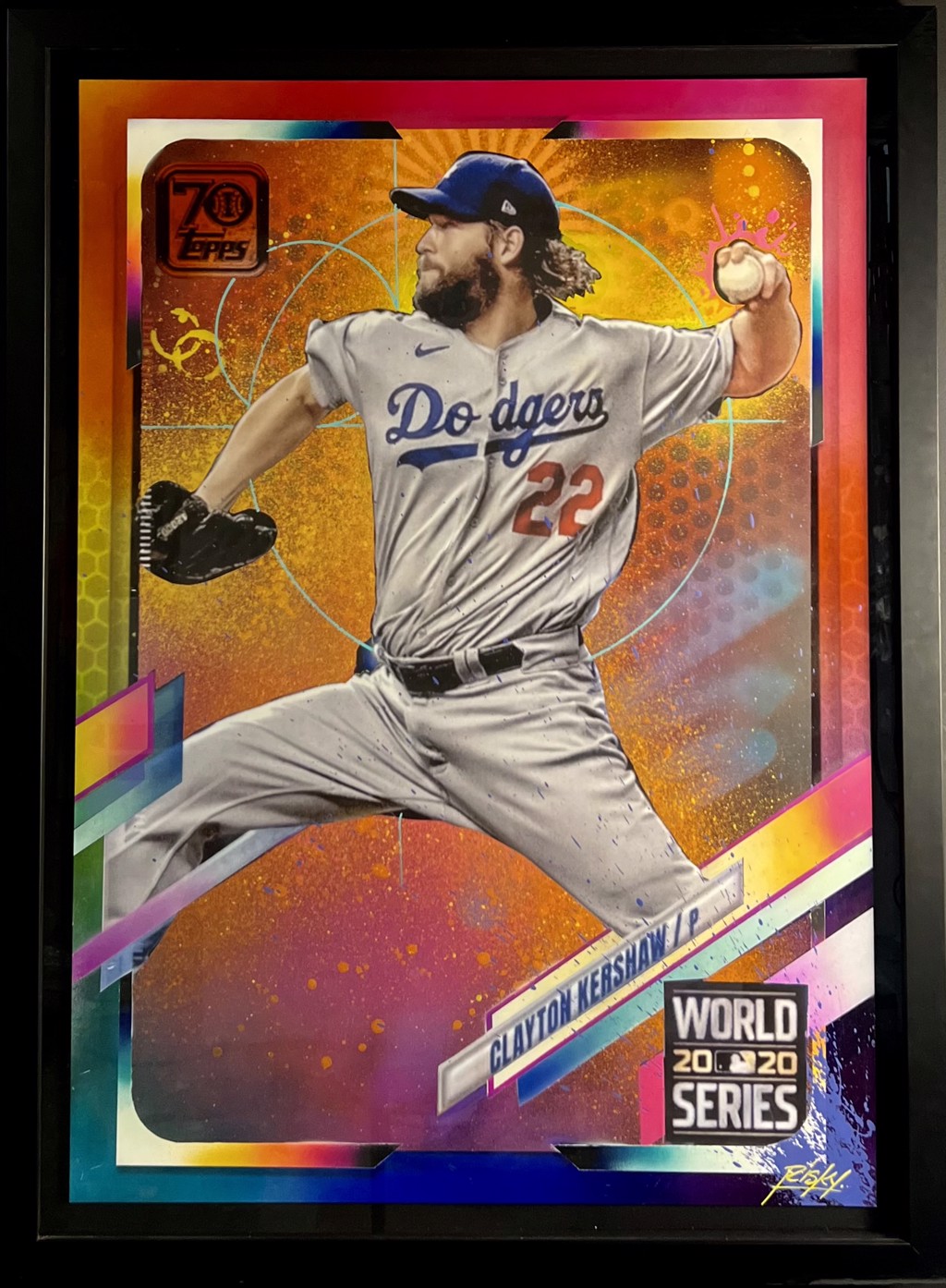 RISK Risk Topps Project 70 "Clayton Kershaw": Clayton Kershaw pitching in a gray Dodgers uniform against orange-and-yellow graphics and diagonal colored bands.