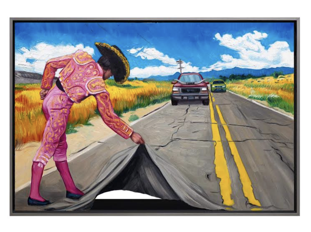 Hijack Road Rage: a pink-suited matador lifts the surface of a country road like a cape as cars approach through golden fields.