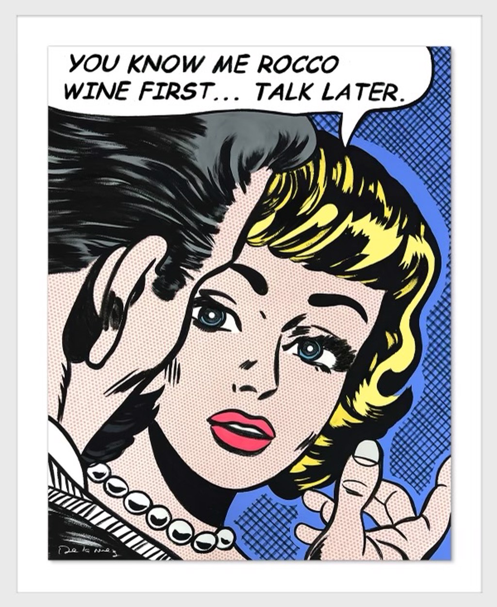 Wine First - TBD on white linen with white frame by Nelson De La Nuez