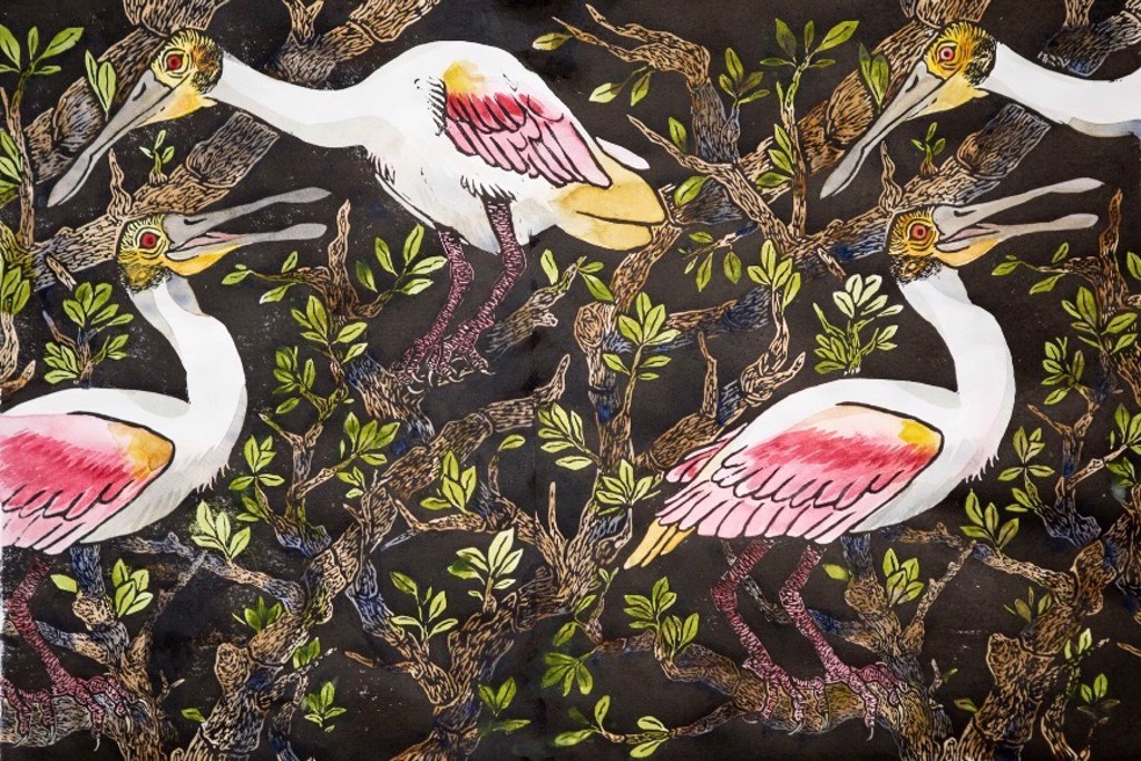 Spoonbills in Mangroves by Marina Burgner