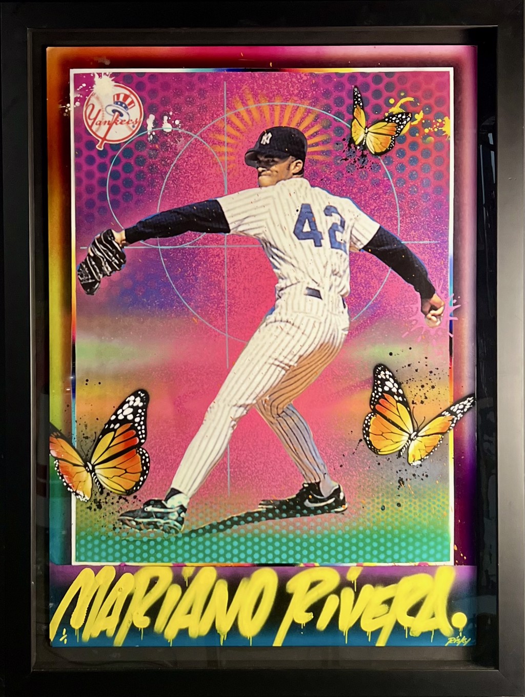 RISK Risk Topps Project 70 "Mariano Rivera": Mariano Rivera pitching in a number 42 Yankees uniform amid orange butterflies and bright pink-and-green graphics.