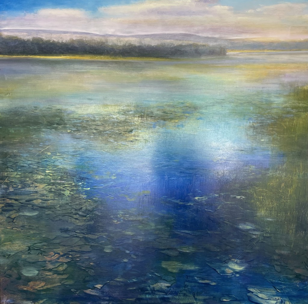 Original contemporary and fine art offered for sale through Lily Pad Gallery, Watch Hill, RI. Oil painting on aluminum of coastal seascape water reflections by artist David Dunlop