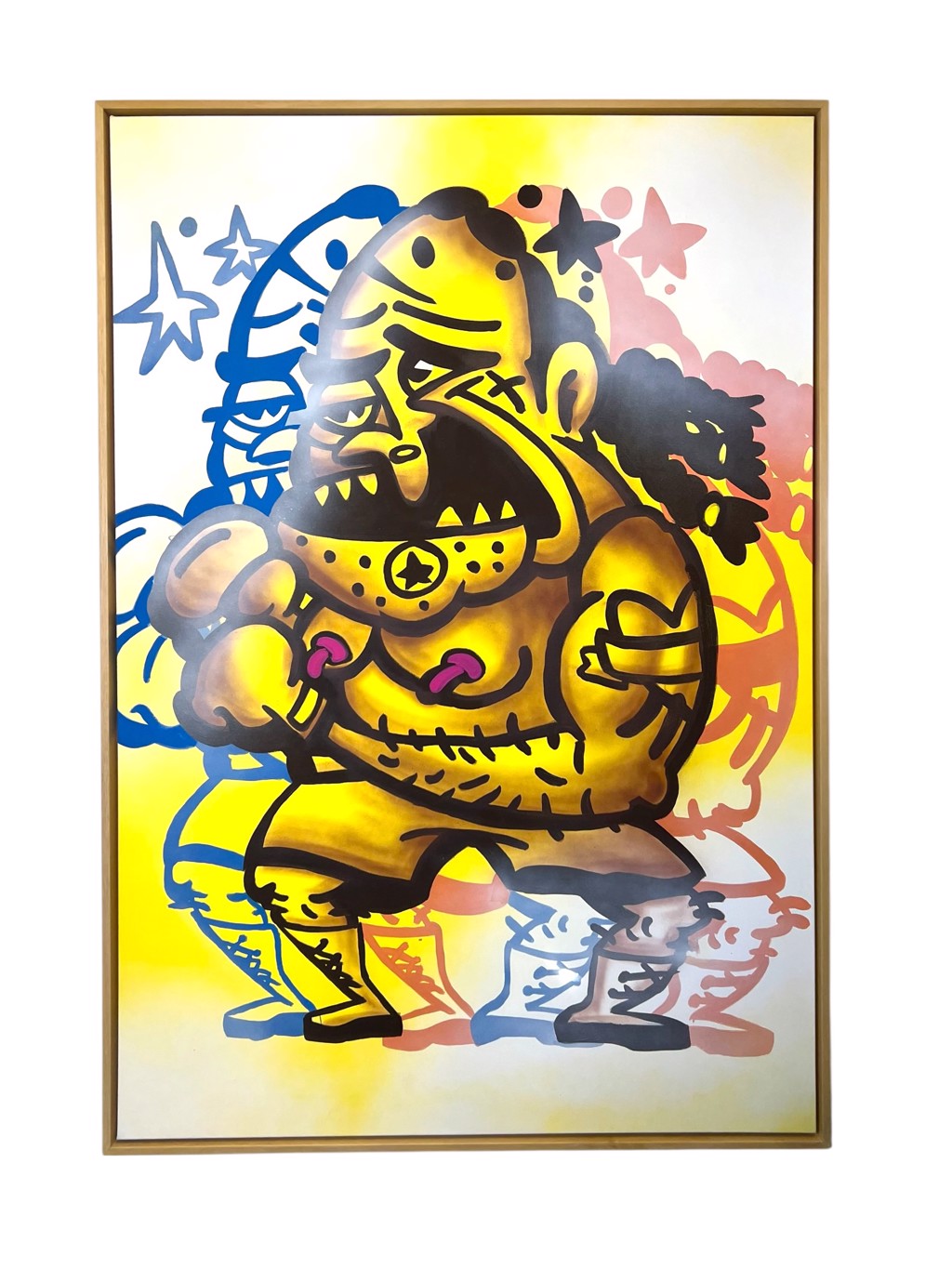 DosX Dazed and Confused: yellow cartoon boxer with black outlines and stars, overlaid on offset blue and pink versions of the figure.