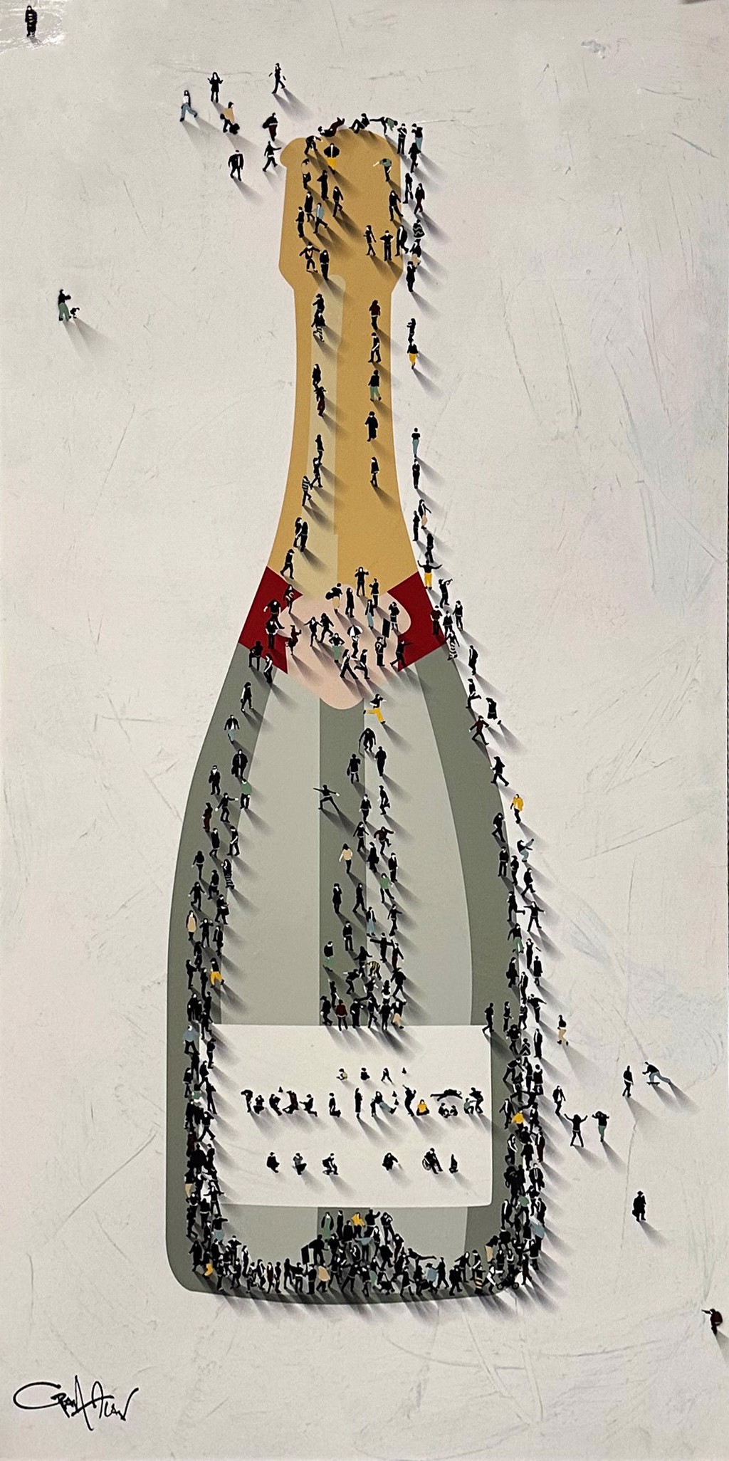 Craig Alan Celebrate Good Times: miniature people tracing a champagne bottle with a gold neck against a pale background.