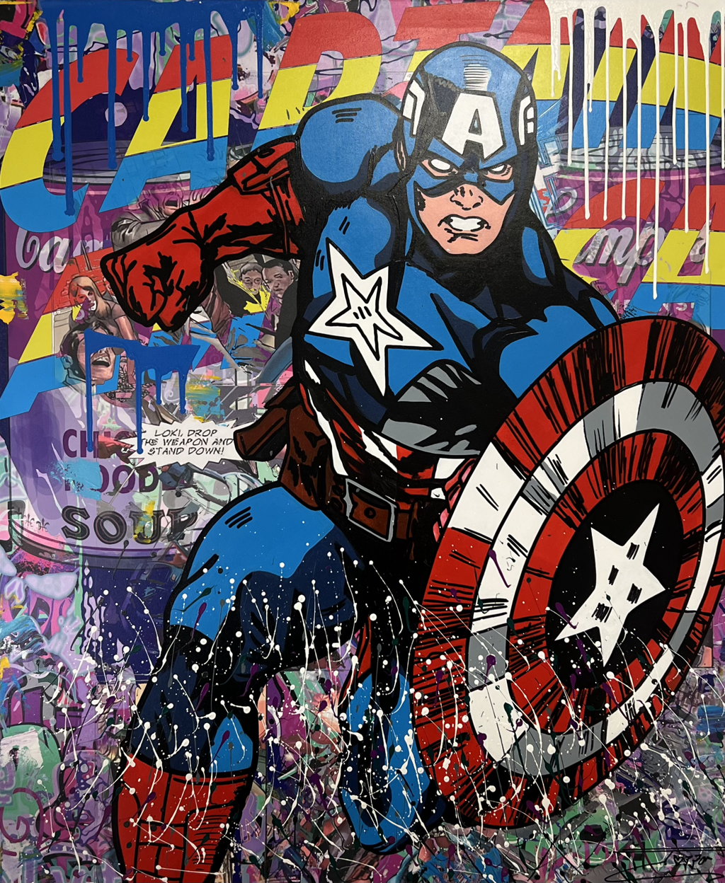 Jozza, The Captain: Captain America advancing with a circular shield against bright stripes, layered lettering, and paint splatters.