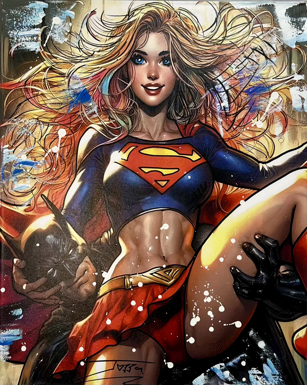 Jozza, Batman in Love: blonde superheroine in a blue S-emblem top and red skirt amid flowing hair, colorful marks, and white splashes.