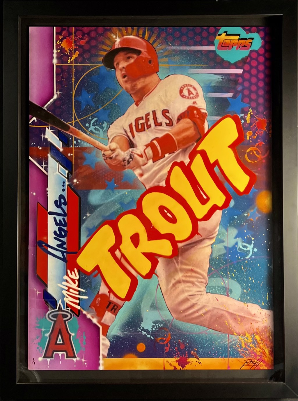 RISK Risk Topps Project 70 "Trout": Mike Trout in an Angels uniform with a bat, large yellow TROUT lettering, and blue-and-pink baseball-card graphics.