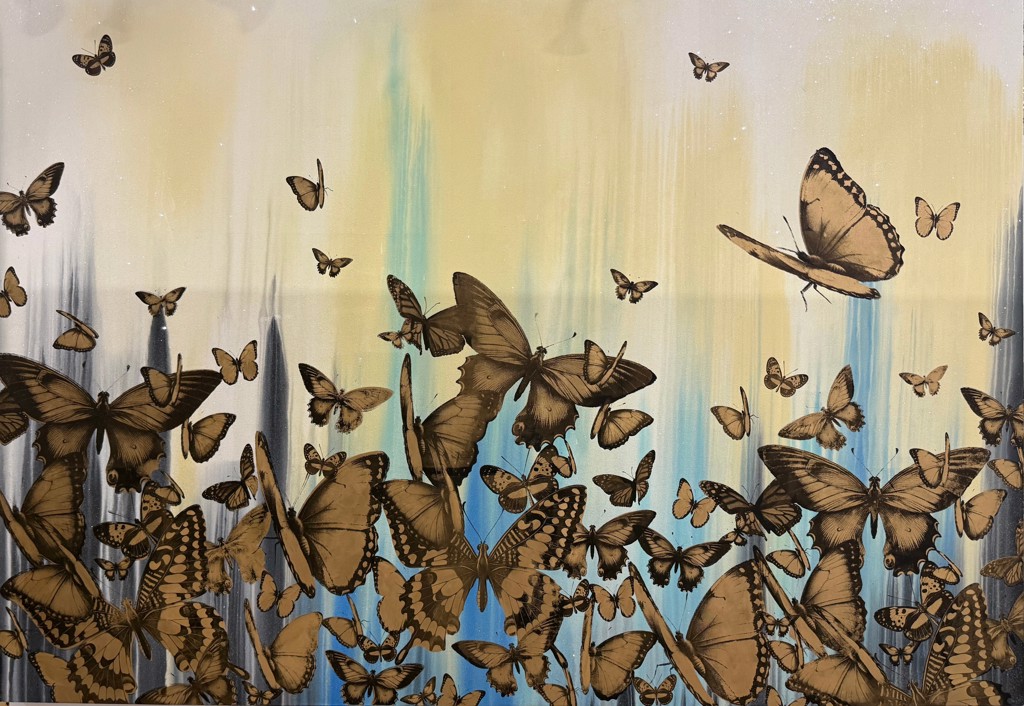 Punk Me Tender Butterfly Garden: dark-edged butterflies rise across a pale yellow canvas with blue and green vertical washes.