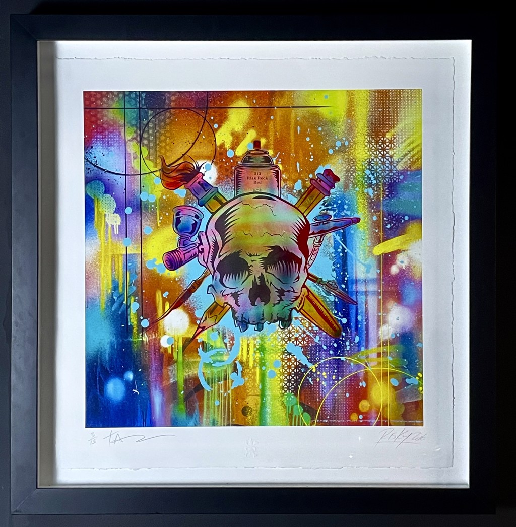RISK Tools of the Trade: skull surrounded by spray can, paintbrush, and artist’s tools over bright multicolored drips and patterns.