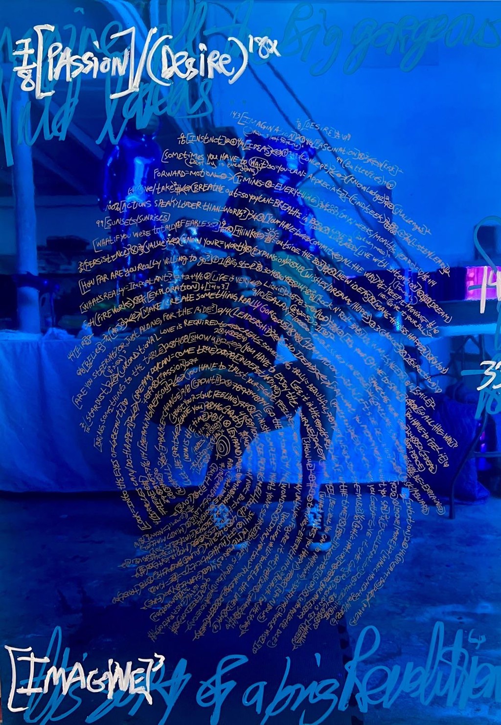 Brendan Murphy Why Jump: fingerprint-like spiral of fine handwriting on reflective blue chrome, with larger words and equation-like marks above.