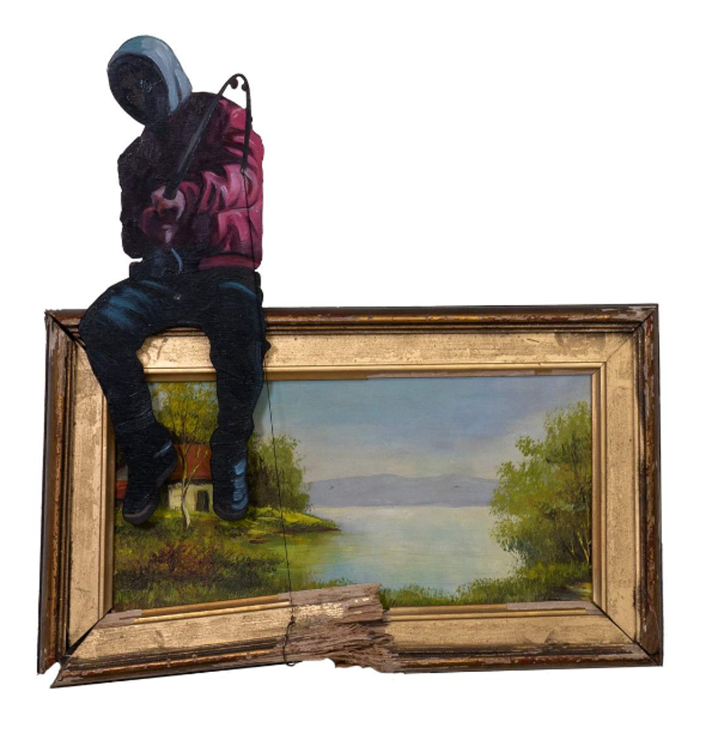 Hijack Catching Waves: hooded figure sitting on a gold-colored picture frame and fishing into a lake landscape below.