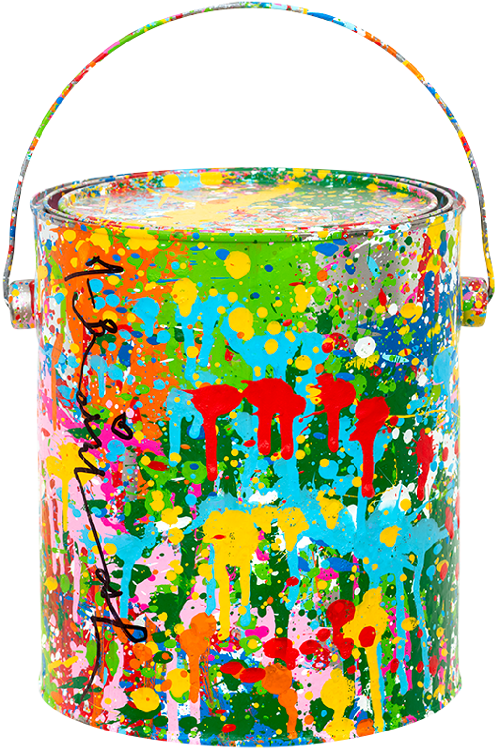 Mr. Brainwash, Splash Paint Bucket: metal paint bucket with an arched handle covered in bright multicolored splashes and drips.