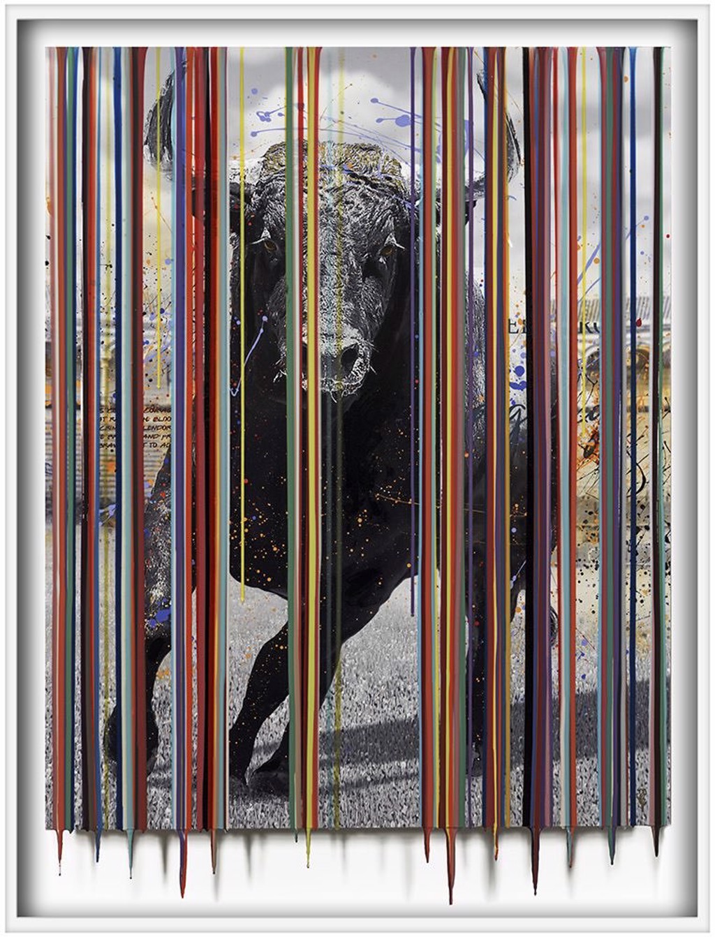 Srinjoy El Toro: front-facing dark bull intersected by multicolored vertical strips and fine paint splashes in a silver-colored frame.