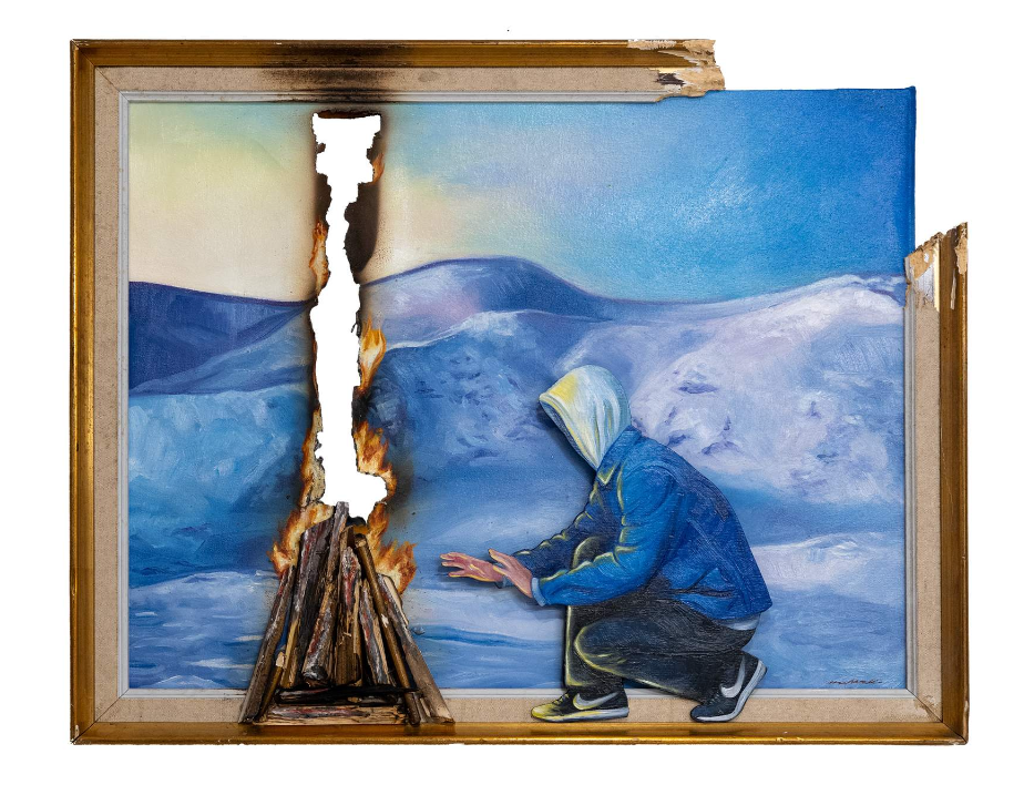 Hijack Burning Barriers: hooded figure crouching by a fire in a blue snowy landscape, with a charred opening through the image and broken frame edges.
