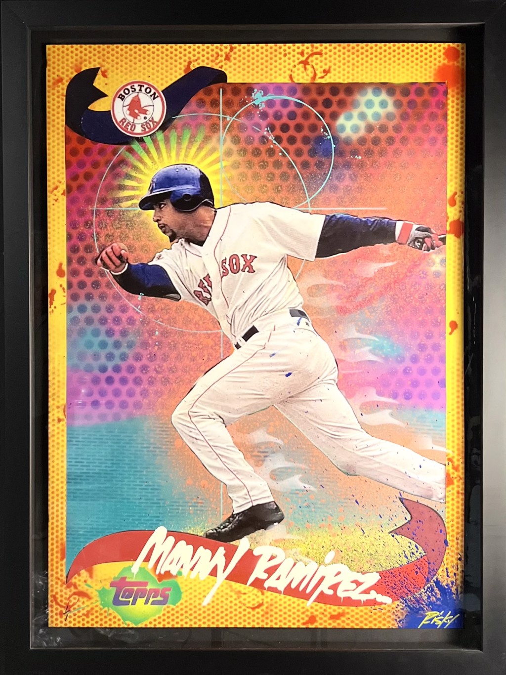 RISK Risk Topps Project 70 "Manny Ramirez": Manny Ramirez running in a white Red Sox uniform against pink, orange, and turquoise baseball-card graphics.