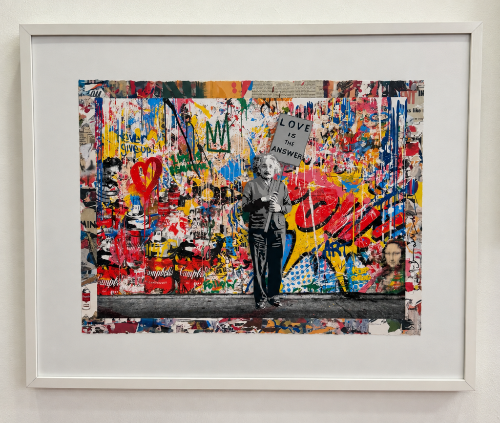 Mr. Brainwash M = BW2-Collage: Einstein holding a Love Is the Answer sign against a colorful collage, displayed in a white frame