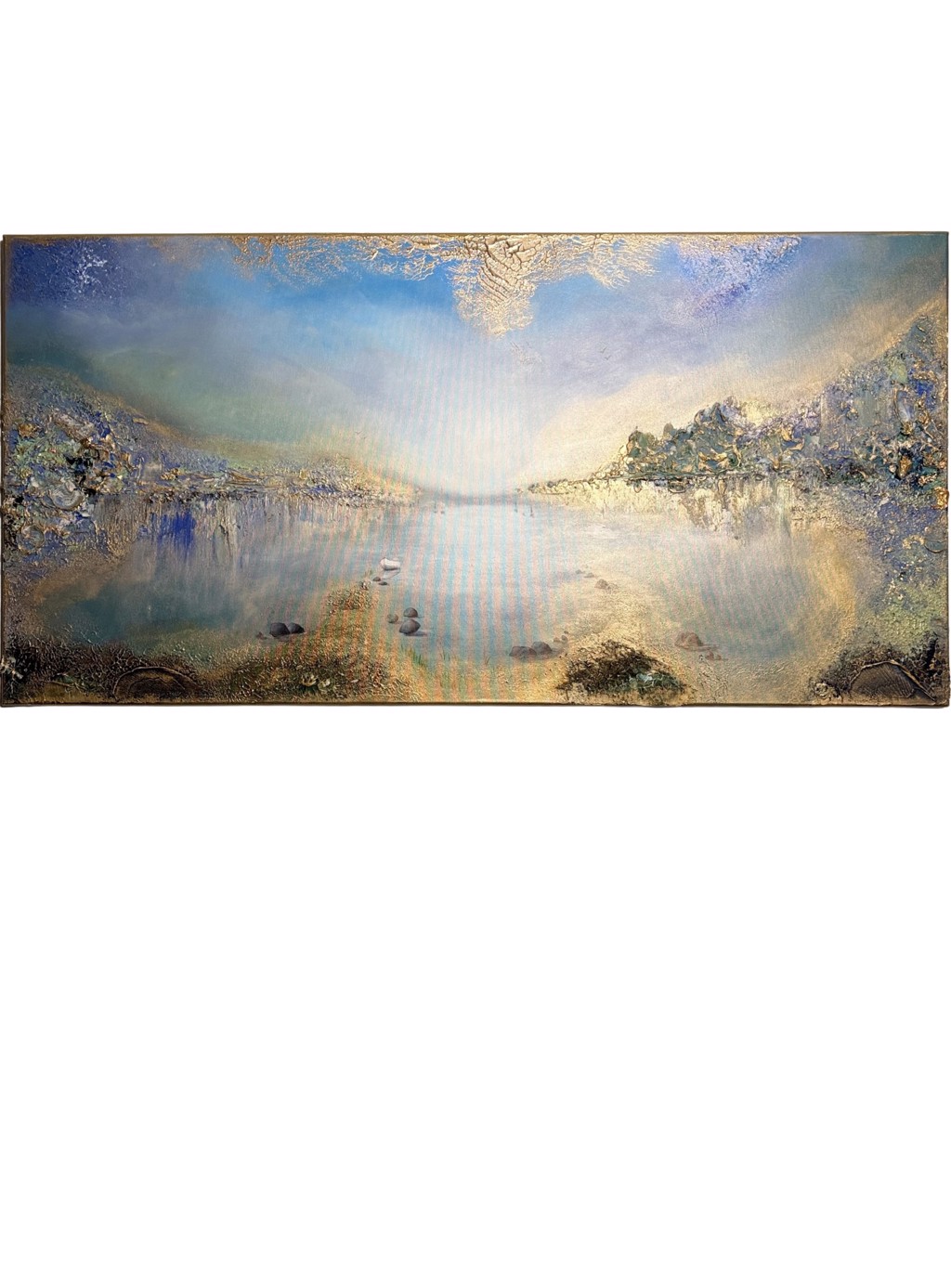 Inga Zurabiani Peaceful Harbor: blue and gold-toned harbor landscape with textured shores and reflections on calm water.
