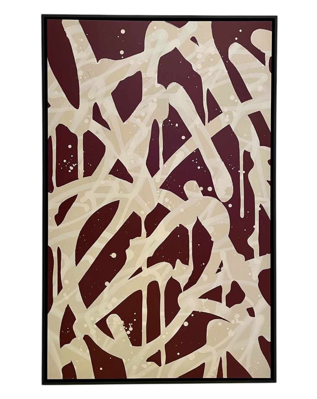 Tom Kiewra Divine one of one: cream angular strokes and white drips across a burgundy field in a black frame.