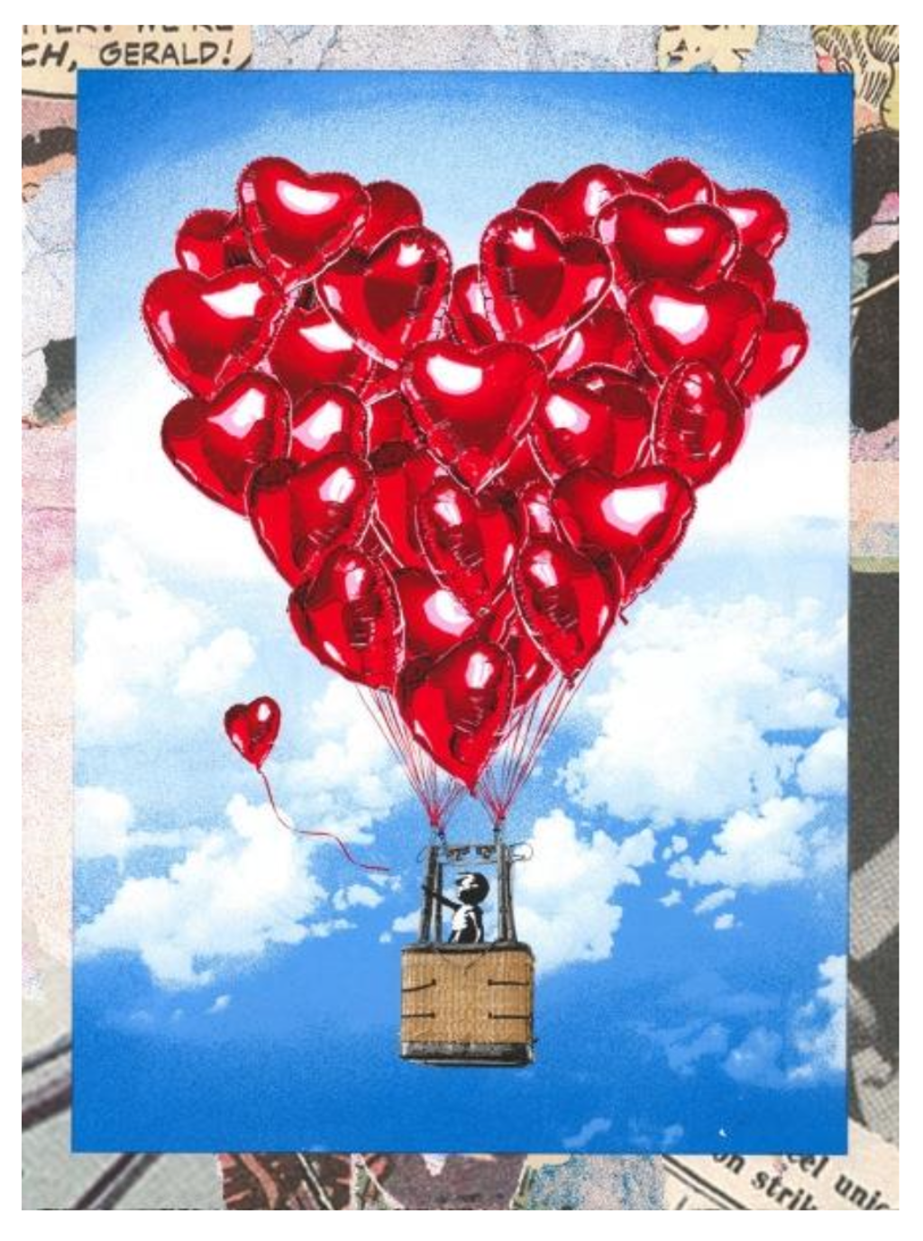 Mr. Brainwash Love Above All Unique Hand Signed (1/1): red heart-shaped balloons forming a larger heart above a small basket in a blue sky.
