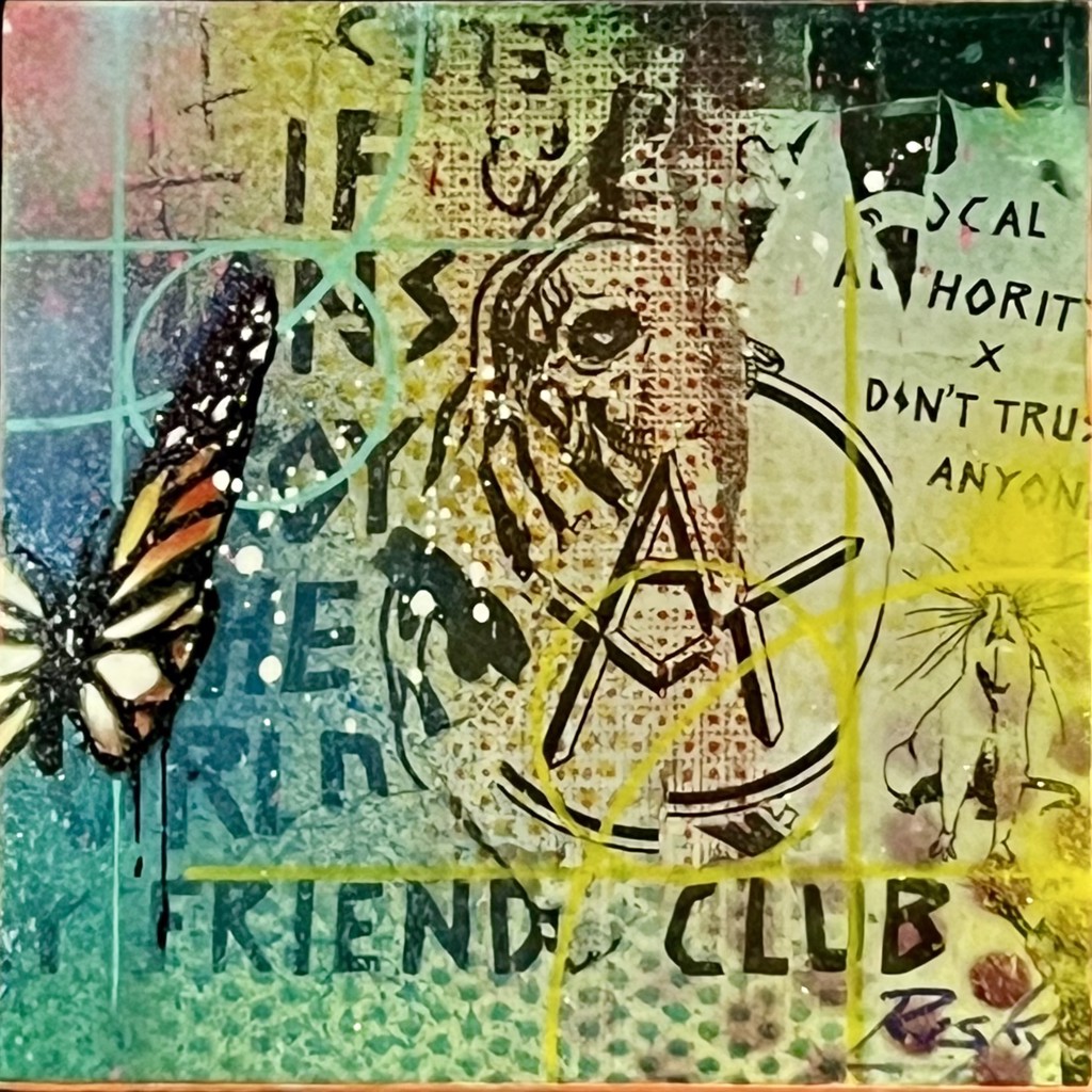 RISK DTA #3 x Travis Barker: Cropped butterfly, outlined A, lettering, and portrait fragments over a turquoise and yellow collaged ground.
