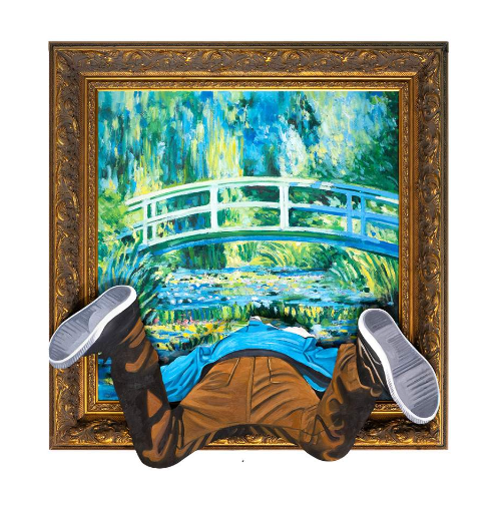Hijack Dive In: a blue-shirted figure dives into a framed garden pond beneath an arched bridge, with shoes and legs extending beyond the frame.