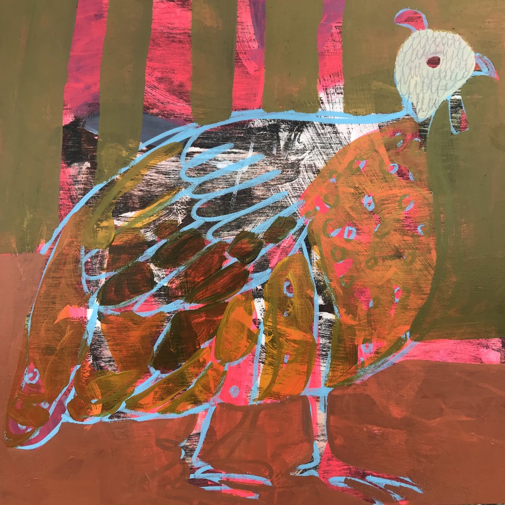 Guinea Hen with Pink Trees in Woods by Rachael Van Dyke