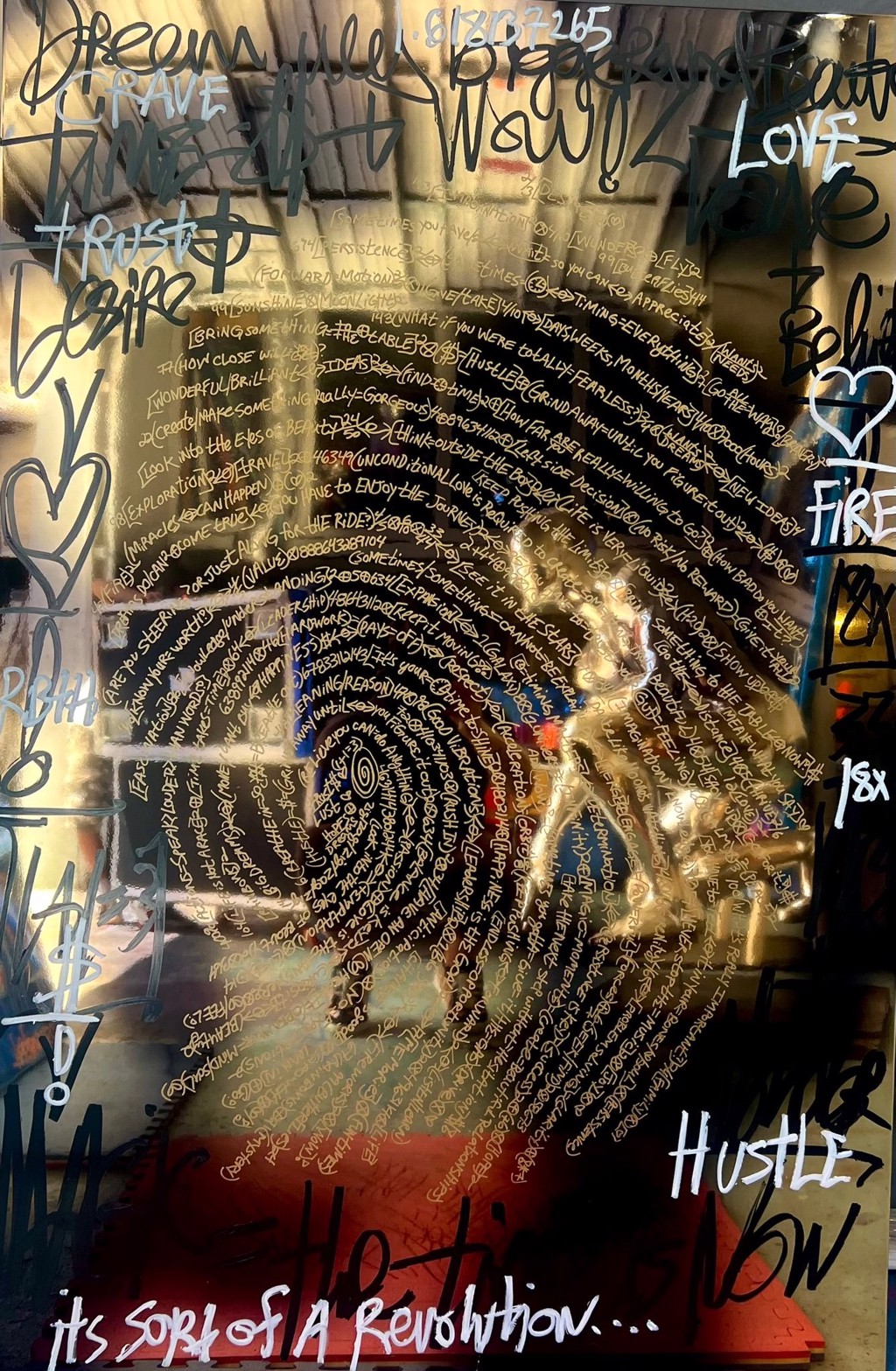 Brendan Murphy All This Time: concentric handwritten text forms a fingerprint-like pattern on a reflective gold-toned panel, surrounded by larger words and symbols.