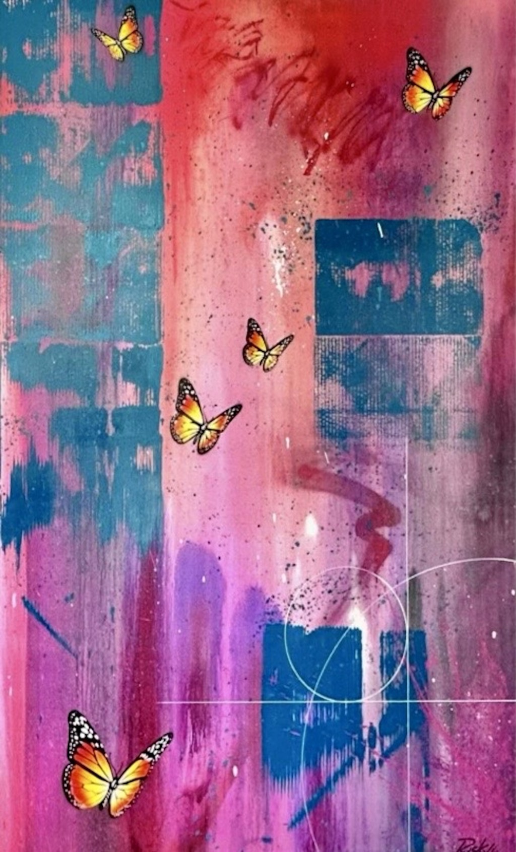 RISK Abstract #2: yellow butterflies across pink and turquoise layers, with broad painted marks and thin looping lines.