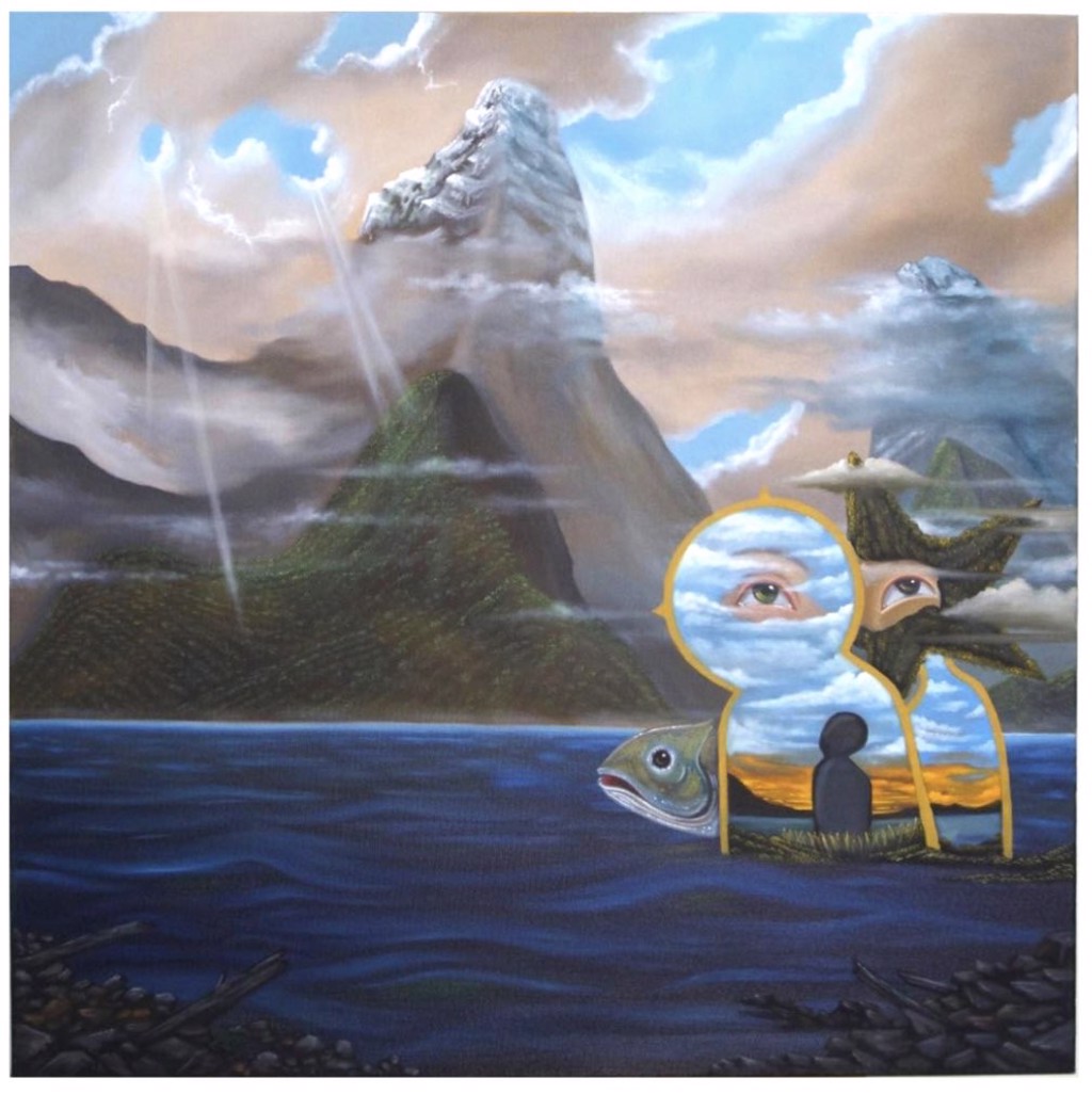 Shahram "Aliz" Alizadeh Lost In The Sky: surreal mountain-and-water landscape with eye-bearing keyhole and star-like forms in the foreground.