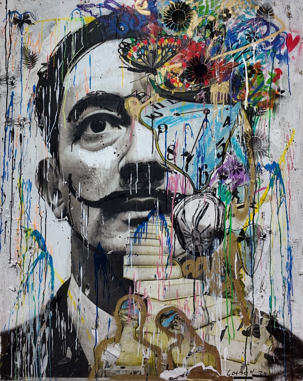 Andrew Cotton Split Dali: split Salvador Dali portrait with a curled mustache, melting clocks, butterflies, colorful marks, and paint drips.