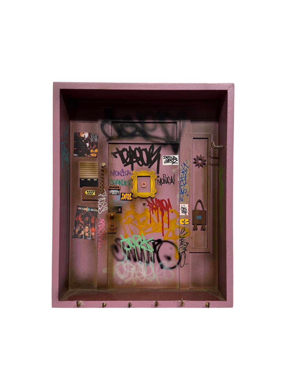 Danny Cortes TV Series Door Series Friends Front Door: purple miniature Friends apartment door with yellow peephole frame, graffiti, and stickers.