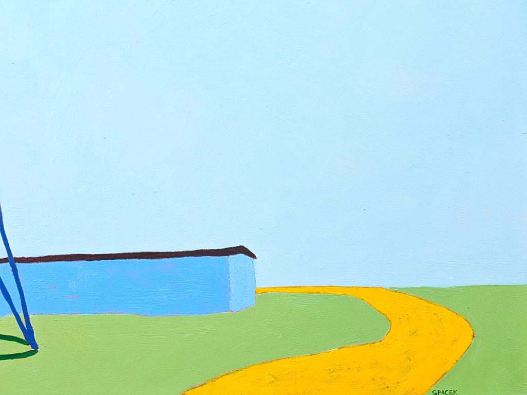 “American Rural, Windmill” Contemporary Colorful Pastoral Landscape Painting by Jacob Spacek