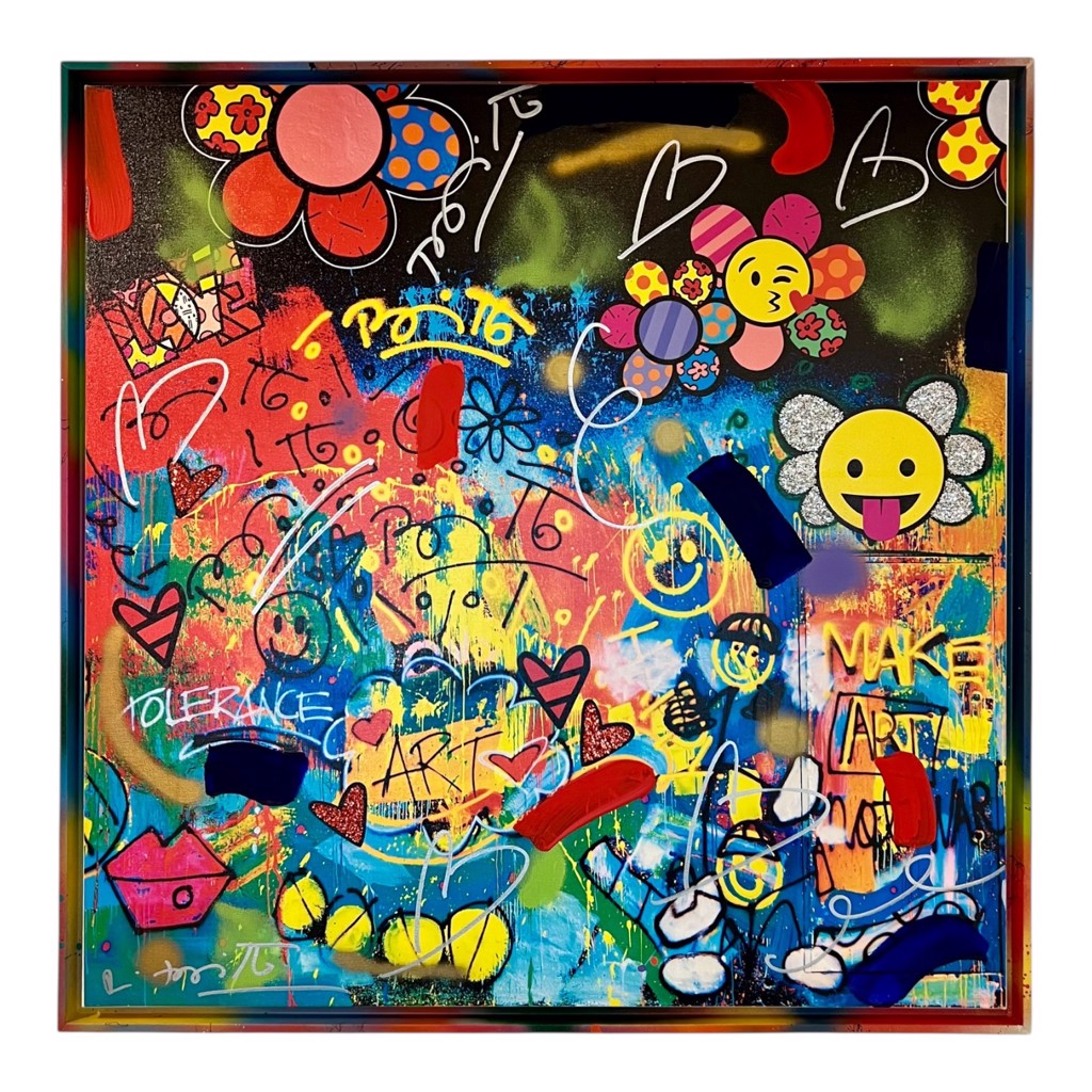 BRITTO Studio Fanfare: patterned flowers, smiling faces, hearts, and handwritten words over colorful painted layers.
