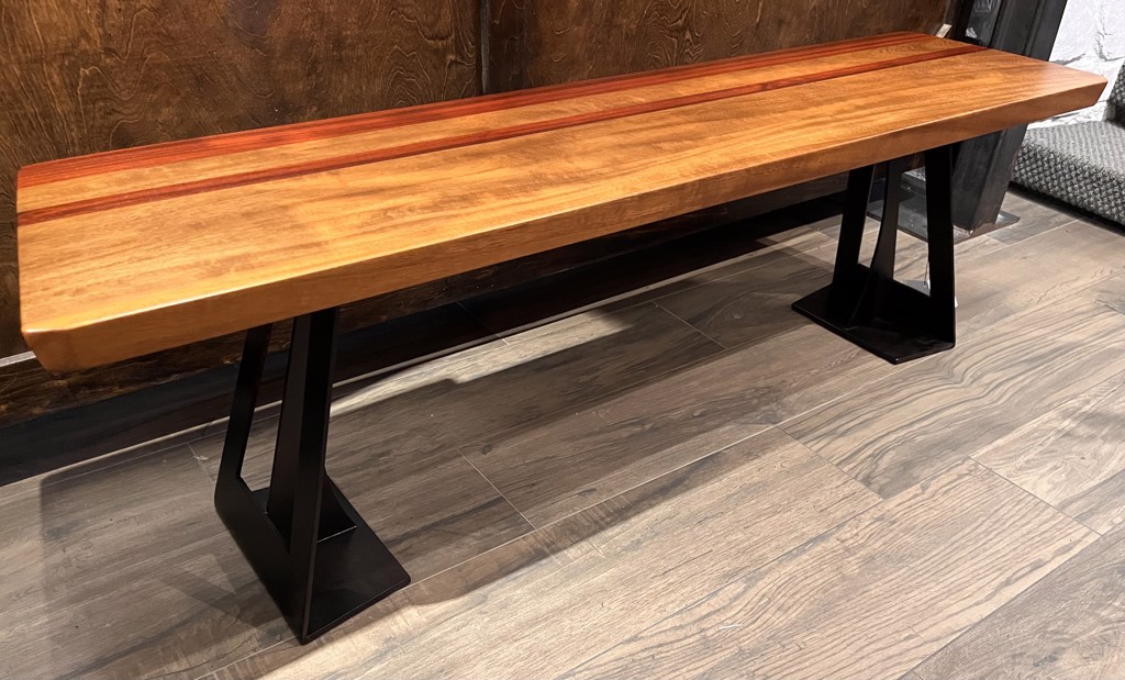 Teak and African Paduk Bench on Steel Base by Ron Gill