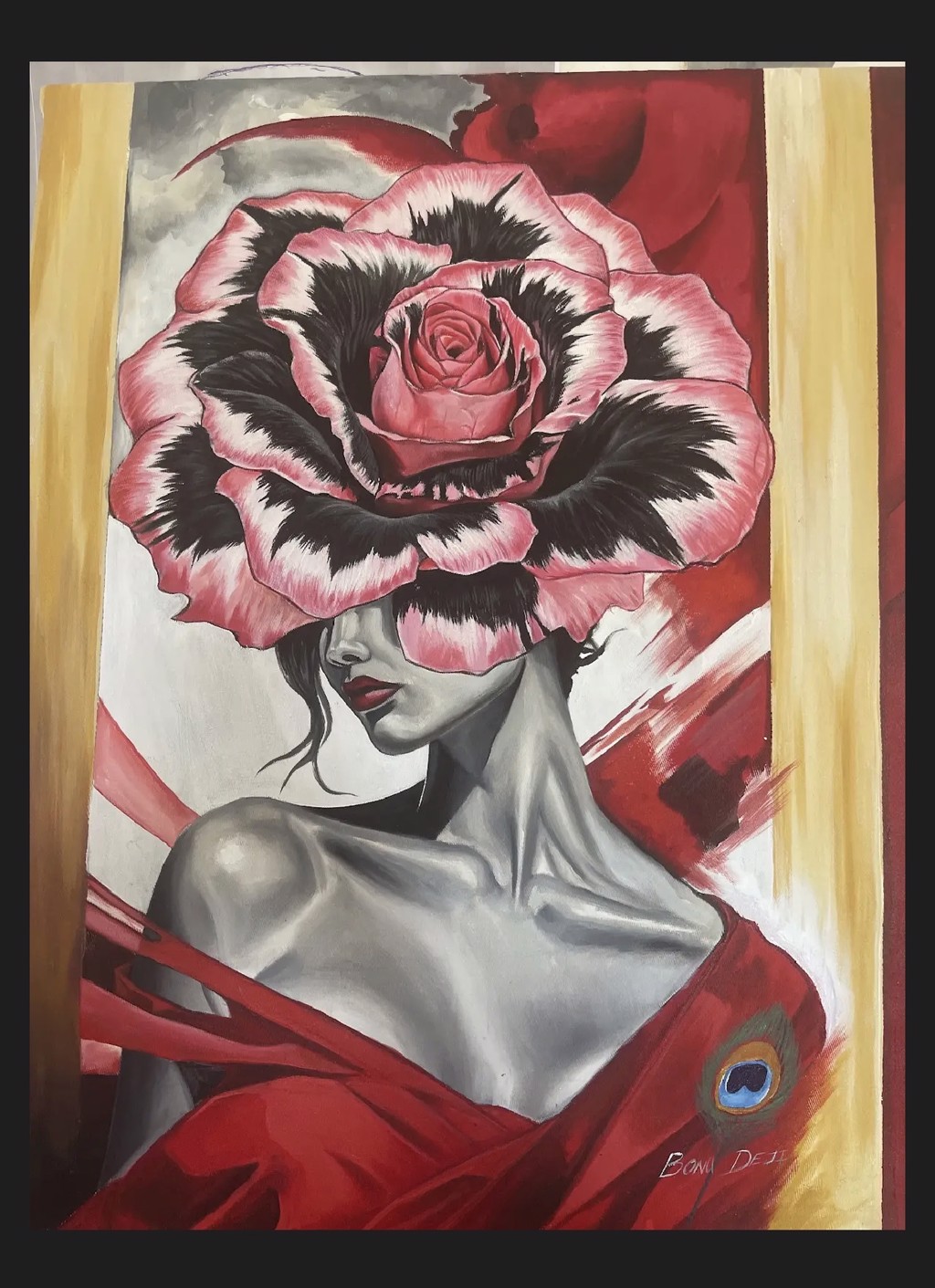 Bonu Deji Bloom of Silence: Grayscale woman draped in red with a large red-and-pink rose covering her upper face.