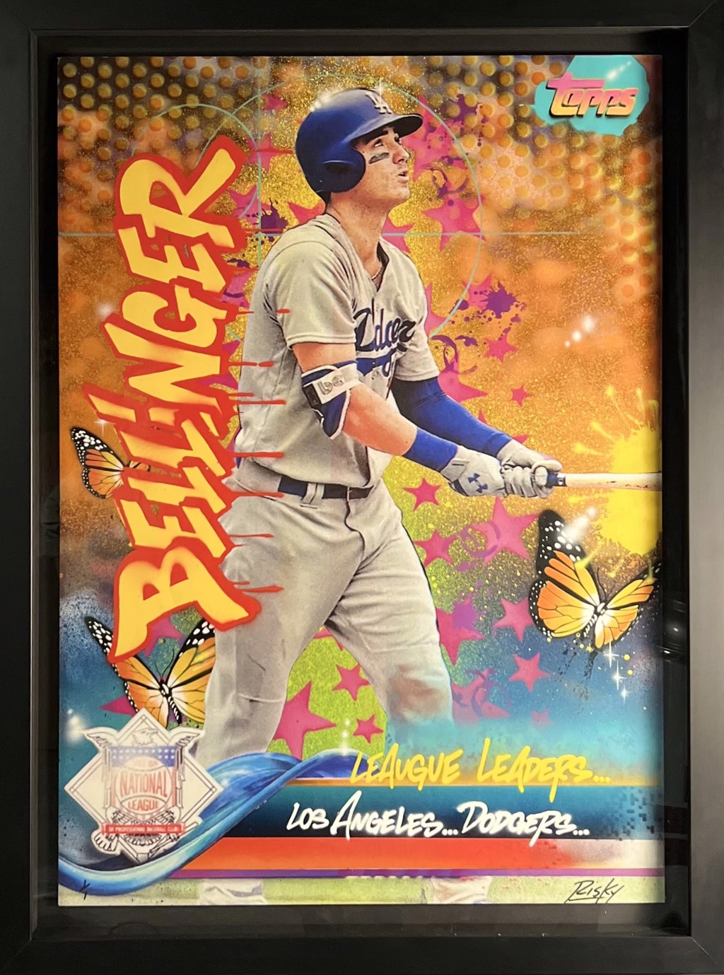 RISK Risk Topps Project 70 "Bellinger": Cody Bellinger with a bat in a Dodgers uniform, vertical yellow lettering, pink stars, and orange butterflies.