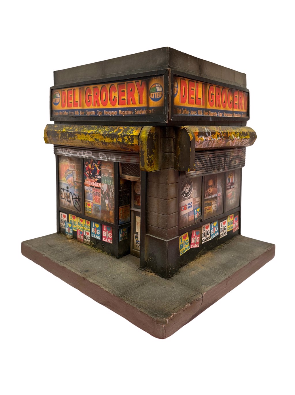 Danny Cortes Corner Deli: miniature corner deli with weathered awnings, grocery signs, posters, and graffiti.
