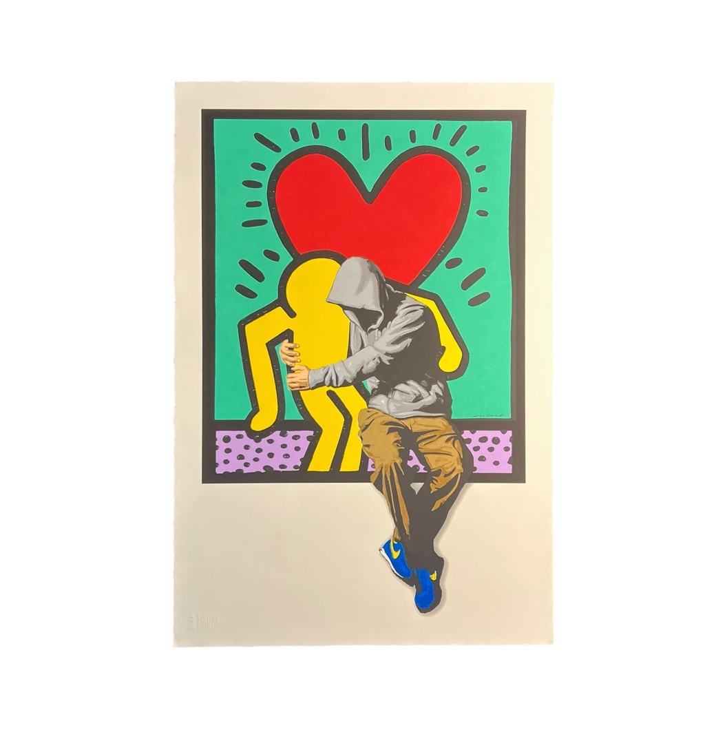 Hijack BFF: Figure embracing a yellow outlined character beneath a red heart in a turquoise framed image.