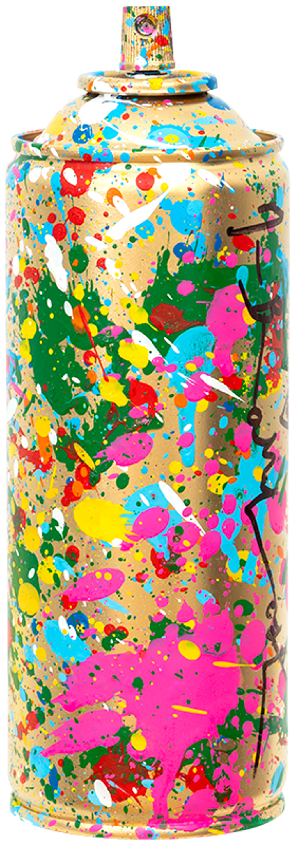 Mr. Brainwash, Splash Spray Can: metal spray can covered in bright pink, green, yellow, turquoise, and orange paint splashes.
