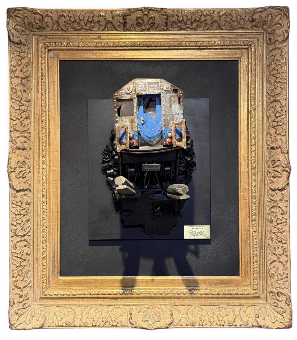 Orus Subway Series NYC Limited Edition 11:11 1/1 in Azul Gold Framed: weathered subway sculpture with a blue door on dark backing inside an ornate gold frame.